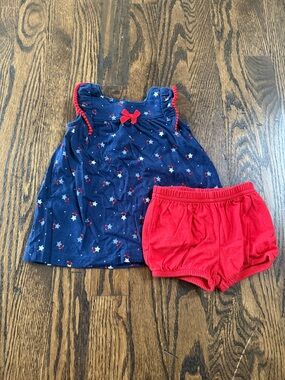Navy Star Print Dress with Red Bloomers - Girls Casual Set